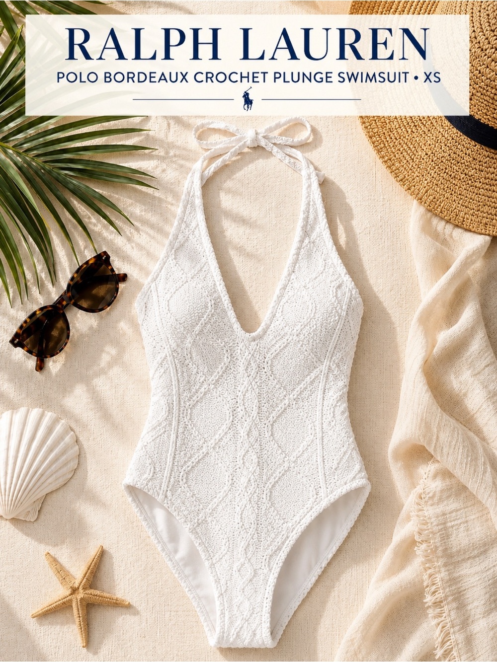 Ralph Lauren Polo Bordeaux Crochet Plunge One Piece Swimsuit White XS